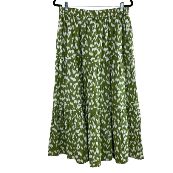 Antthony HSN Green White Ikat Print‎ 100% Cotton Tiered Skirt w/Pockets Sz L - Picture 1 of 13